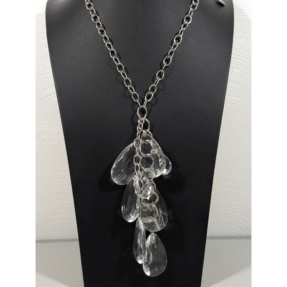 RJ Graziano Clear Acrylic Teardrop Charm Y Drop Statement Necklace Chunky Silver